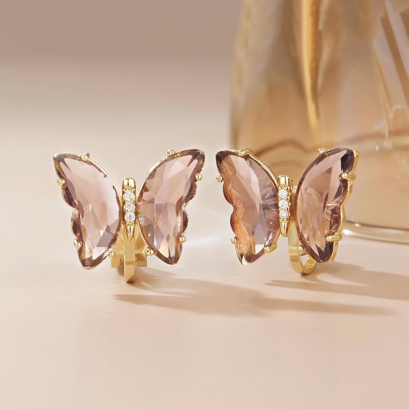 YOQUCOL Butterfly Shape Crystal Clip On Earrings Non Pierced Golden Stud for Women - Image 5